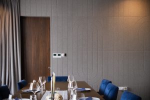 Klar™ Grooves Pebble acoustic wall panels installed in private dining room at Dusk Restaurant Mount Faber Peak Singapore