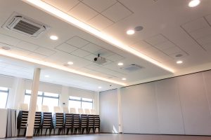 Klar™ Essentials Snow acoustic panels installed on ceiling of multi-purpose room at Bartley Christian Church Singapore