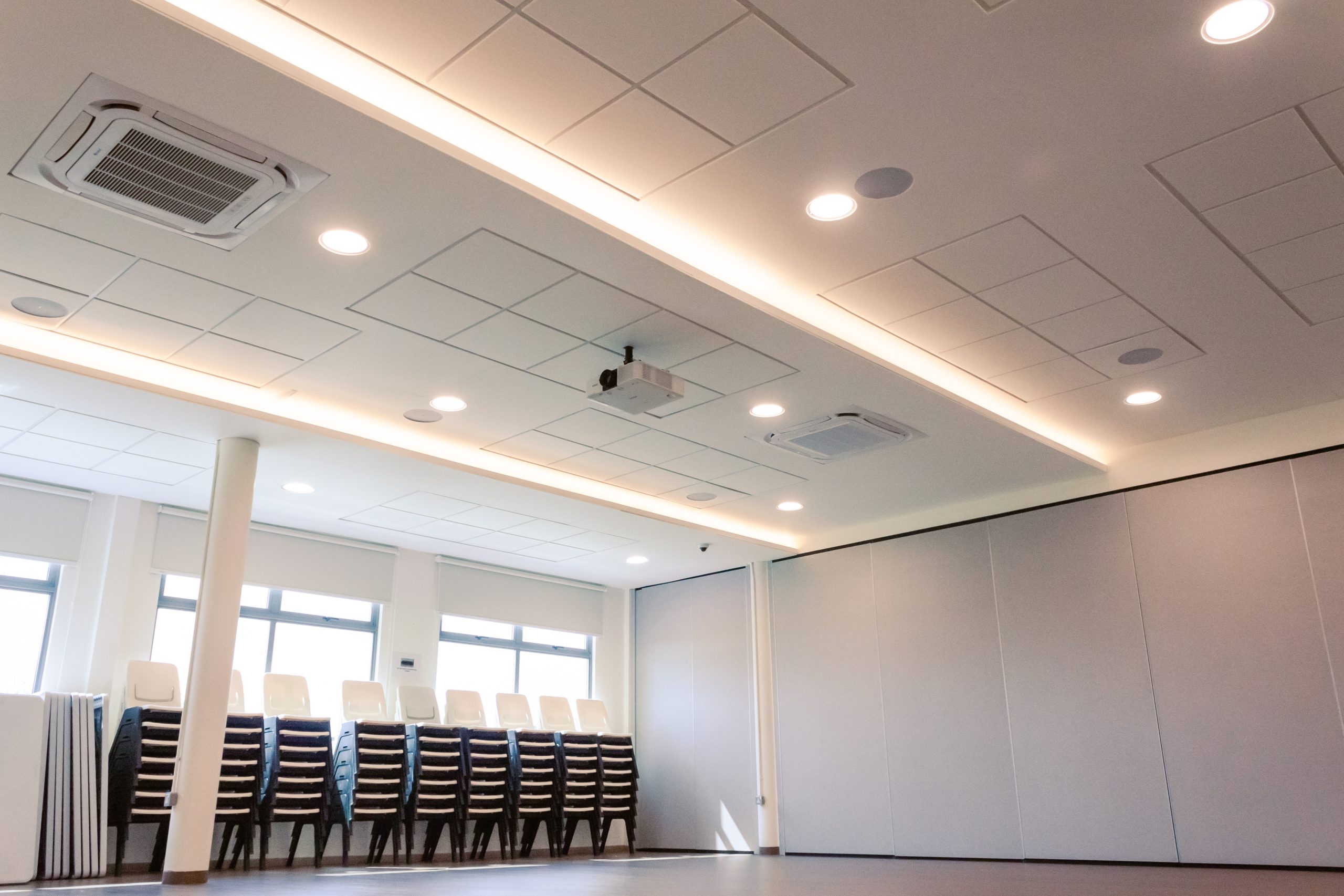 Klar™ Essentials Snow acoustic panels installed on ceiling of multi-purpose room at Bartley Christian Church Singapore