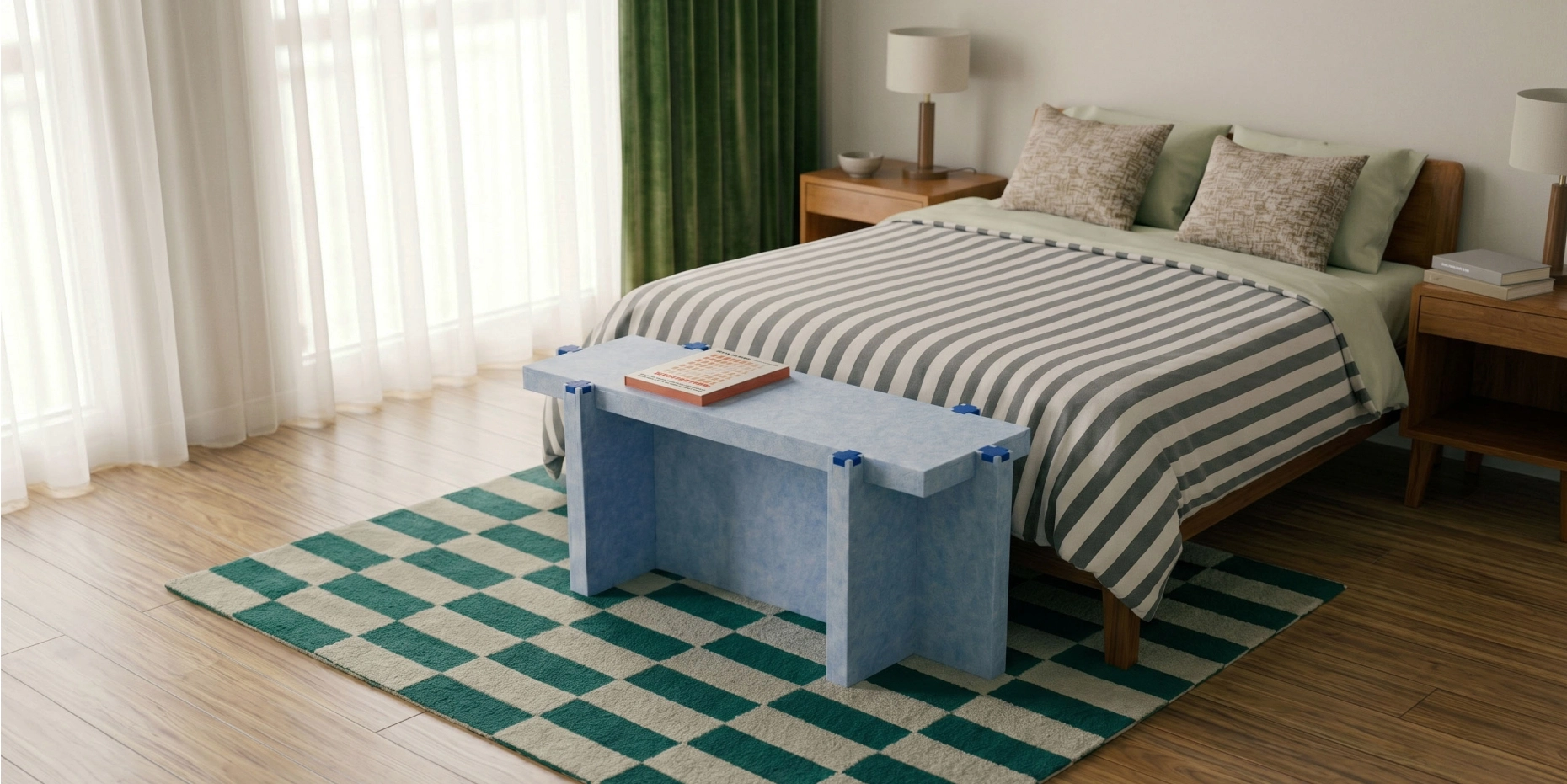Klar Bauhaus Collection light blue bench with sleek linear silhouette, styled in a calm bedroom setting