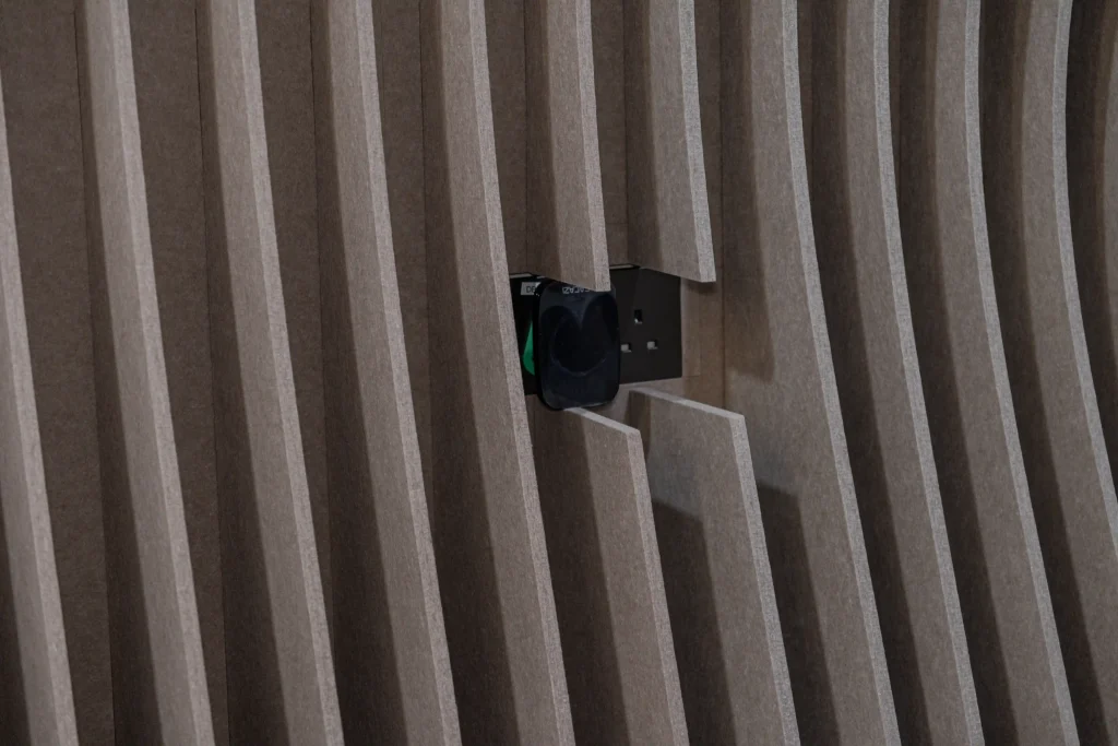 Klar Wave Wall acoustic panels with concealed power socket integrated into the installation at Union Noise Group Singapore office