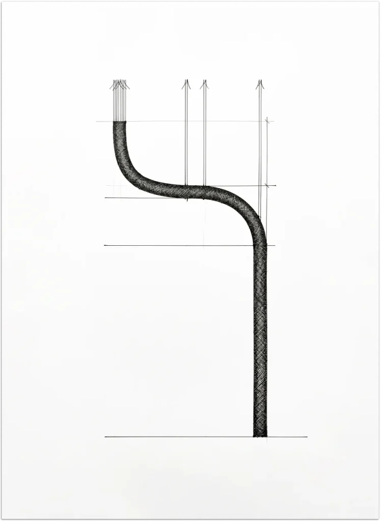 Hand-drawn profile sketch of a Klar™ acoustic pillar curving from the ceiling down to the floor