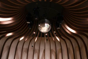 Klar™ acoustic panel pillars curving from the walls towards the centre of the ceiling in the Marine Parade community space multipurpose room