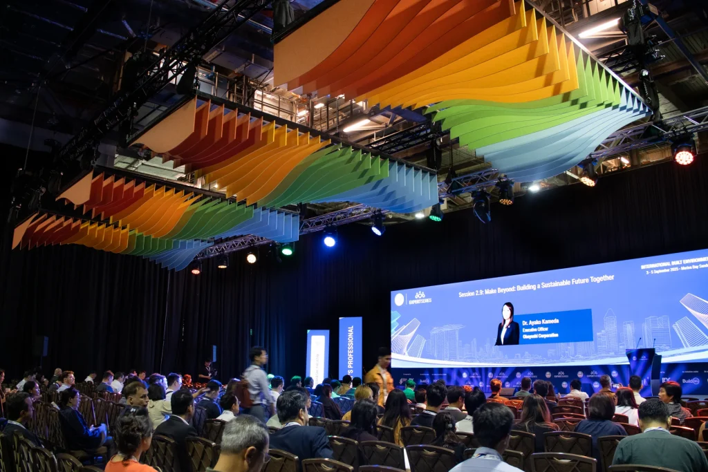 Rainbow Klar™ acoustic ceiling baffles suspended above the audience at the Obayashi Theatre, BEX Asia 2025, Marina Bay Sands Singapore
