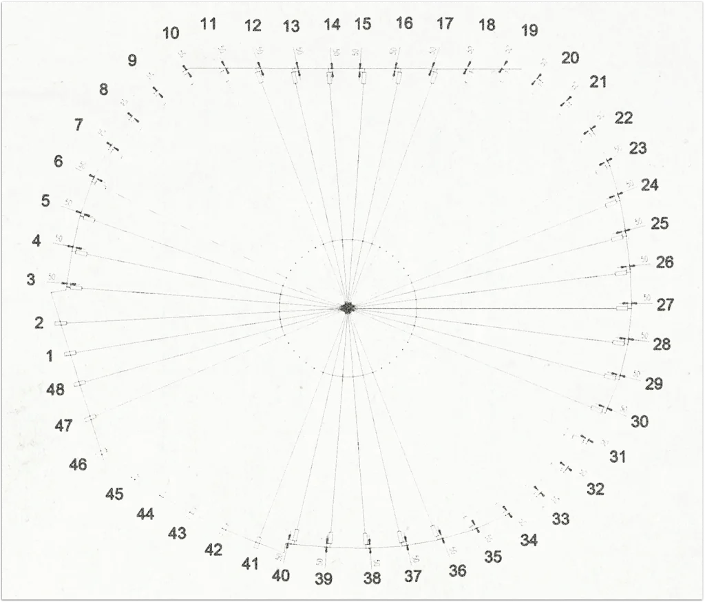 Setting-out plan showing 48 acoustic pillars, each angled towards the centre of the Marine Parade multipurpose room